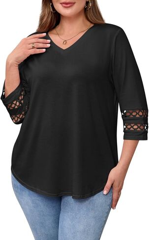 Beautife Womens Plus Size 3/4 Sleeve Tops V الرقبة فضفاضة تناسب قمصان Tee Dary Disy Eyelet Lace Blouse in Saudi Arabia