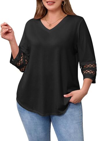 Beautife Womens Plus Size 3/4 Sleeve Tops V الرقبة فضفاضة تناسب قمصان Tee Dary Disy Eyelet Lace Blouse in Saudi Arabia