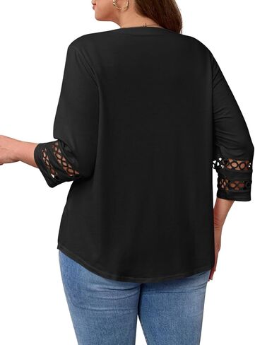 Beautife Womens Plus Size 3/4 Sleeve Tops V الرقبة فضفاضة تناسب قمصان Tee Dary Disy Eyelet Lace Blouse in Saudi Arabia