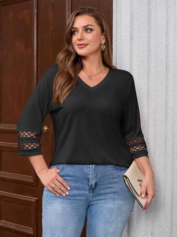 Beautife Womens Plus Size 3/4 Sleeve Tops V الرقبة فضفاضة تناسب قمصان Tee Dary Disy Eyelet Lace Blouse in Saudi Arabia