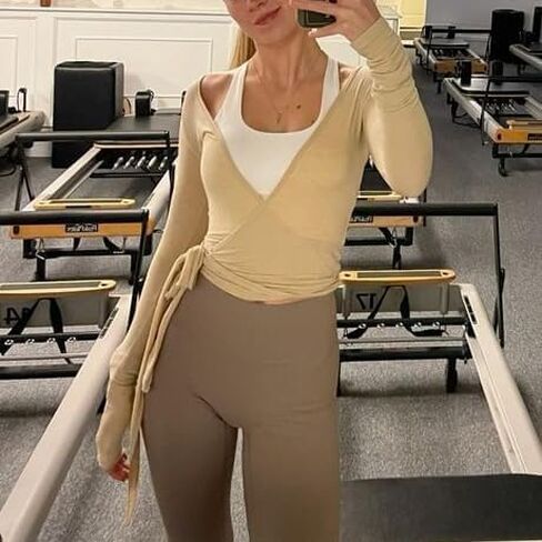 Ballet Wrap Tops for Women Y2k Long Sleeve Pilates Coquette Tops V-Neck Fitted Tie Front Crop Shirts Workout Blouse in Kuwait
