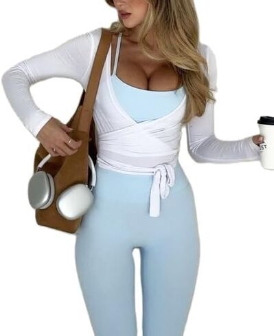 Ballet Wrap Tops for Women Y2k Long Sleeve Pilates Coquette Tops V-Neck Fitted Tie Front Crop Shirts Workout Blouse in Kuwait