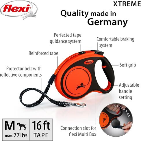 FLEXI New Classic Tape Retractable Dog Leash for Large Dogs Upto 143 lbs. – 16 ft., Orange/Black |Tangle Free Pet Walking Leash with One-Handed Brake, Pause, Lock |German Quality Product in Kuwait