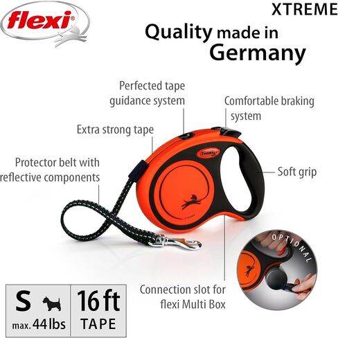 FLEXI New Classic Tape Retractable Dog Leash for Large Dogs Upto 143 lbs. – 16 ft., Orange/Black |Tangle Free Pet Walking Leash with One-Handed Brake, Pause, Lock |German Quality Product in Kuwait