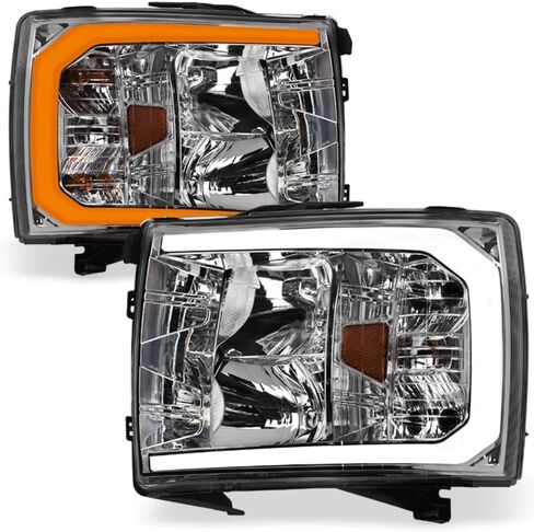7422451949975 Compatible With 2007-2013 Chevy Silverado 1500/2007-2014 2500 3500 HD Switchback Sequential LED Strip Bar Black Housing Headlights With Amber Reflector in Kuwait