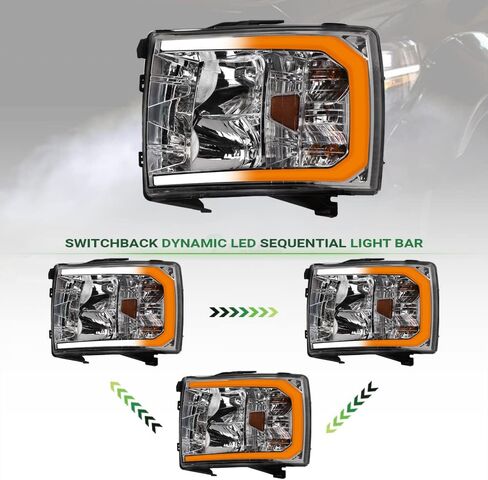 7422451949975 Compatible With 2007-2013 Chevy Silverado 1500/2007-2014 2500 3500 HD Switchback Sequential LED Strip Bar Black Housing Headlights With Amber Reflector in Kuwait