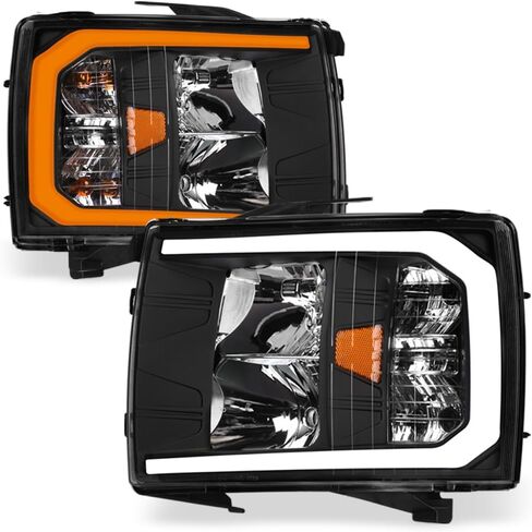7422451949975 Compatible With 2007-2013 Chevy Silverado 1500/2007-2014 2500 3500 HD Switchback Sequential LED Strip Bar Black Housing Headlights With Amber Reflector in Kuwait