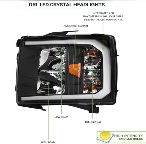 7422451949975 Compatible With 2007-2013 Chevy Silverado 1500/2007-2014 2500 3500 HD Switchback Sequential LED Strip Bar Black Housing Headlights With Amber Reflector in Kuwait