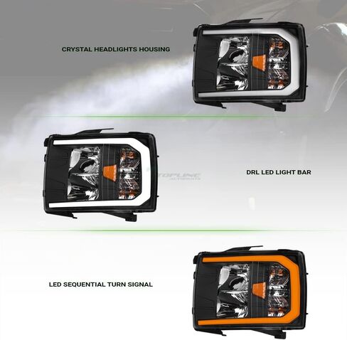 7422451949975 Compatible With 2007-2013 Chevy Silverado 1500/2007-2014 2500 3500 HD Switchback Sequential LED Strip Bar Black Housing Headlights With Amber Reflector in Kuwait