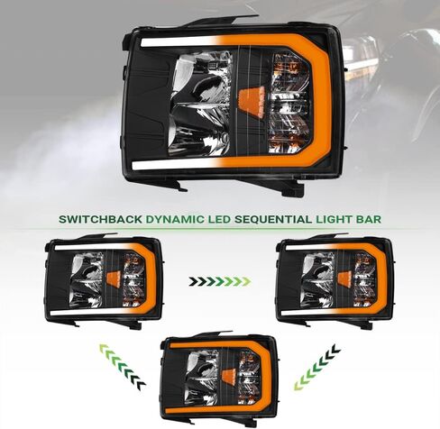 7422451949975 Compatible With 2007-2013 Chevy Silverado 1500/2007-2014 2500 3500 HD Switchback Sequential LED Strip Bar Black Housing Headlights With Amber Reflector in Kuwait