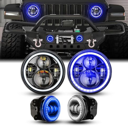 YEEGO DIRECT 7 Inch Halo LED Headlights with 4 Inch Fog Light, Red DRL Amber Turn Signal Light, DOT Approved, Halo Headlights For Wrangler 1997-2017 JK TJ LJ CJ in Kuwait