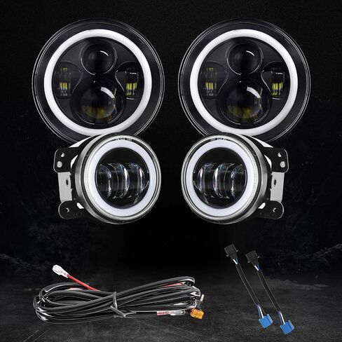YEEGO DIRECT 7 Inch Halo LED Headlights with 4 Inch Fog Light, Red DRL Amber Turn Signal Light, DOT Approved, Halo Headlights For Wrangler 1997-2017 JK TJ LJ CJ in Kuwait
