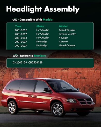 SCITOO Headlights for 2001 2002 for Chrysler Grand Voyager 2001-2007 for Chrysler Town & Country 2001-2007 for Dodge Caravan Pair Headlight Assembly Black Housing Amber Reflector CH2502129 in Saudi Arabia