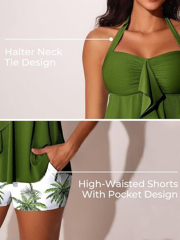 الصيف ماي Bowknot Tankini المايوه للنساء الرسن قطعتين فلوي أعلى البطن تحكم لباس سباحة مع جيوب بويشورت in Kuwait