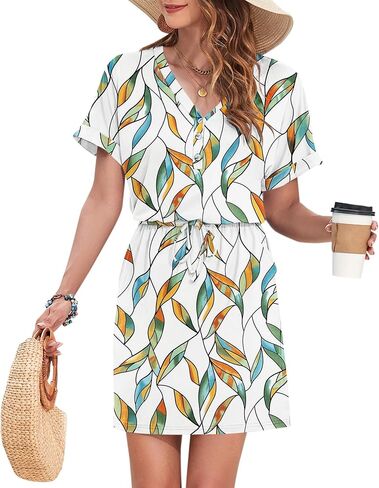 AUSELILY Womens Summer Dress 2025 Casual Short Sleeve Sundress V Neck Tie Button Beach Swing Dresses with Pockets in Saudi Arabia