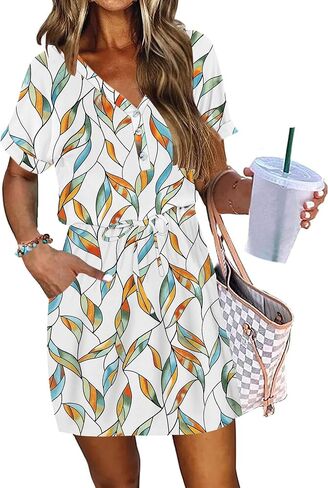 AUSELILY Womens Summer Dress 2025 Casual Short Sleeve Sundress V Neck Tie Button Beach Swing Dresses with Pockets in Saudi Arabia