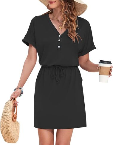 AUSELILY Womens Summer Dress 2025 Casual Short Sleeve Sundress V Neck Tie Button Beach Swing Dresses with Pockets in Saudi Arabia