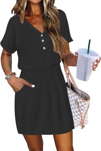 AUSELILY Womens Summer Dress 2025 Casual Short Sleeve Sundress V Neck Tie Button Beach Swing Dresses with Pockets in Saudi Arabia