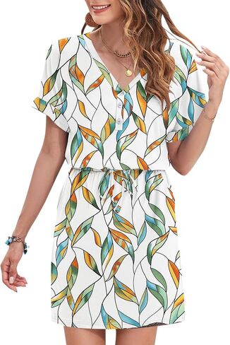 AUSELILY Womens Summer Dress 2025 Casual Short Sleeve Sundress V Neck Tie Button Beach Swing Dresses with Pockets in Saudi Arabia