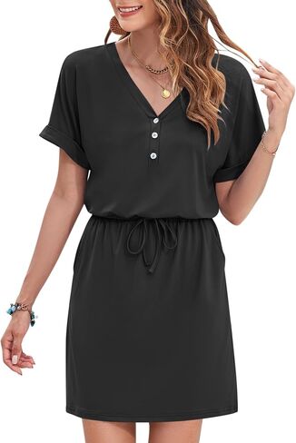 AUSELILY Womens Summer Dress 2025 Casual Short Sleeve Sundress V Neck Tie Button Beach Swing Dresses with Pockets in Saudi Arabia