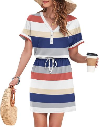 AUSELILY Womens Summer Dress 2025 Casual Short Sleeve Sundress V Neck Tie Button Beach Swing Dresses with Pockets in Saudi Arabia