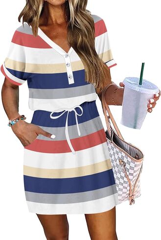 AUSELILY Womens Summer Dress 2025 Casual Short Sleeve Sundress V Neck Tie Button Beach Swing Dresses with Pockets in Saudi Arabia