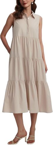 Womens Summer Button Down Maxi Shirt Dress Sleeveless Collared V Neck Tiered Flowy Midi Dress in Saudi Arabia