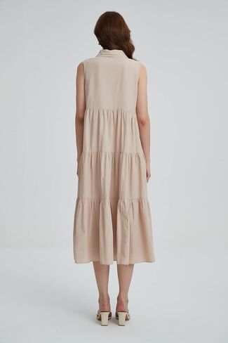 Womens Summer Button Down Maxi Shirt Dress Sleeveless Collared V Neck Tiered Flowy Midi Dress in Saudi Arabia
