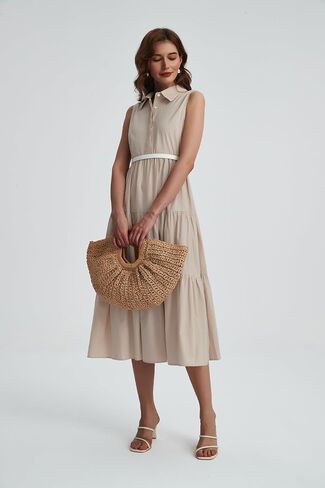Womens Summer Button Down Maxi Shirt Dress Sleeveless Collared V Neck Tiered Flowy Midi Dress in Saudi Arabia