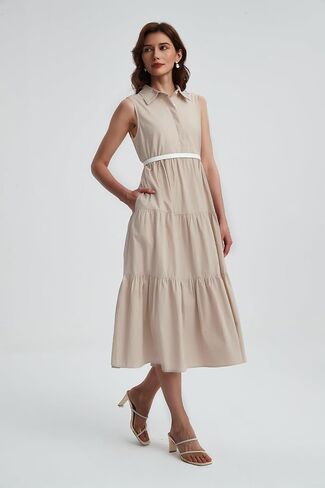 Womens Summer Button Down Maxi Shirt Dress Sleeveless Collared V Neck Tiered Flowy Midi Dress in Saudi Arabia