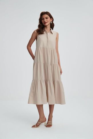 Womens Summer Button Down Maxi Shirt Dress Sleeveless Collared V Neck Tiered Flowy Midi Dress in Saudi Arabia