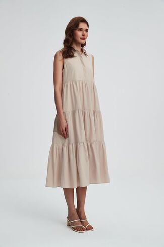 Womens Summer Button Down Maxi Shirt Dress Sleeveless Collared V Neck Tiered Flowy Midi Dress in Saudi Arabia