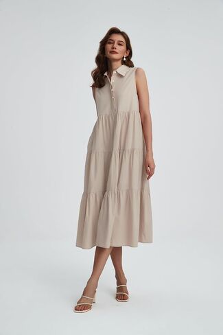 Womens Summer Button Down Maxi Shirt Dress Sleeveless Collared V Neck Tiered Flowy Midi Dress in Saudi Arabia