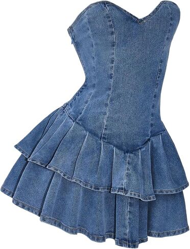Wdirara Women's Layered Choled Sbrupless Mini Denim Dressless Alcyfeless A Line Tube Dresses in Saudi Arabia