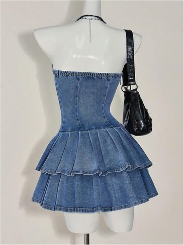 Wdirara Women's Layered Choled Sbrupless Mini Denim Dressless Alcyfeless A Line Tube Dresses in Saudi Arabia