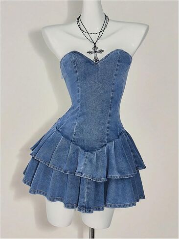 Wdirara Women's Layered Choled Sbrupless Mini Denim Dressless Alcyfeless A Line Tube Dresses in Saudi Arabia