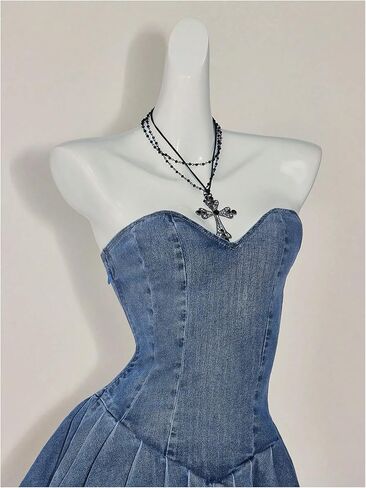 Wdirara Women's Layered Choled Sbrupless Mini Denim Dressless Alcyfeless A Line Tube Dresses in Saudi Arabia