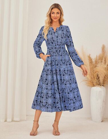 GRACE KARIN Long Sleeve Dress for Women 2026 Spring Wedding Guest Dress Floral Boho A Line Flowy Maxi Dresses with Pockets in Kuwait
