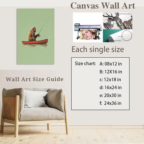 podafu Funny Bigfoot Fishing in Canoe Canvas Print Vintage Fishing Wall Art Outdoor Sports Fisherman Poster Sasquatch Cabin Prints for Home Living Room bathroom Wall Decor Unframed12x16inch in Saudi Arabia