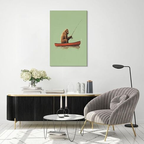 podafu Funny Bigfoot Fishing in Canoe Canvas Print Vintage Fishing Wall Art Outdoor Sports Fisherman Poster Sasquatch Cabin Prints for Home Living Room bathroom Wall Decor Unframed12x16inch in Saudi Arabia