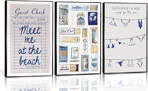 3Pcs Blue Coastal bikini Wall Art Vintage Matchbox Wall Decor Meet Me At The Beach Painting Picture Trendy Southern Girl Preppy Poster Guest Check Canvas Prints for Girls Room Dorm 12x16in Unframed in Saudi Arabia