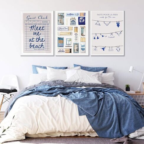 3Pcs Blue Coastal bikini Wall Art Vintage Matchbox Wall Decor Meet Me At The Beach Painting Picture Trendy Southern Girl Preppy Poster Guest Check Canvas Prints for Girls Room Dorm 12x16in Unframed in Saudi Arabia