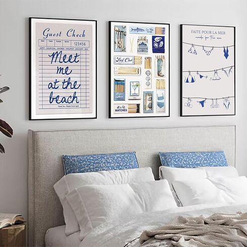 3Pcs Blue Coastal bikini Wall Art Vintage Matchbox Wall Decor Meet Me At The Beach Painting Picture Trendy Southern Girl Preppy Poster Guest Check Canvas Prints for Girls Room Dorm 12x16in Unframed in Saudi Arabia