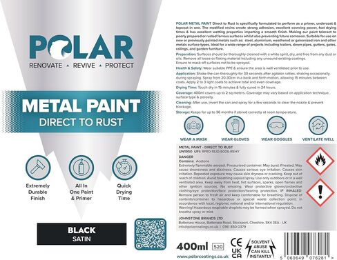 Polar Satin Black Direct to Rust Spray Paint - 2 x 13.5fl oz - Protect and Stop Rust & Corrosion - Primer, Undercoat, Topcoat - Quick Dry Formula - Ideal for Metal, Wood, Plastic and Ceramic Surfaces in Kuwait