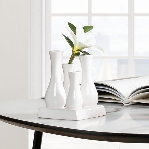 Torre & Tagus Multi Tube Ceramic Urn Bud Vase Set - 4 Connected Miniature Floral Vases with Shared Base for Home Decor, Desktop Decoration, Windowsill, Tabletop Centerpiece, Rectangle, White in Saudi Arabia