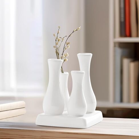 Torre & Tagus Multi Tube Ceramic Urn Bud Vase Set - 4 Connected Miniature Floral Vases with Shared Base for Home Decor, Desktop Decoration, Windowsill, Tabletop Centerpiece, Rectangle, White in Saudi Arabia