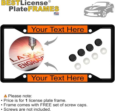 Personalized with Custom Text Design - 4 Hole Black Metal Laser Engraved US Standard Size - Car License Plate Frame with Free caps - Black/White Text (Qty: 1 Frame) in Saudi Arabia