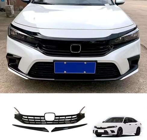 Car Accessories Front Center Grille Strip Cover Molding Trim Compatible with Honda Civic 11th Gen 2022 2023 2024 (Glossy Black) 3PCS ABS in Saudi Arabia