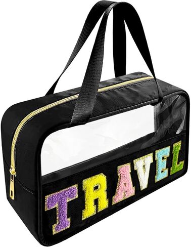 Chenille Letter Clear Makeup Bag Hair Patch, Travel Toiletry Makeup Bag with Handle, Nylon Waterproof Makeup Bags clear cosmetic bag, preppy patch makeup bag for Women (HAIR-Beige) in Saudi Arabia