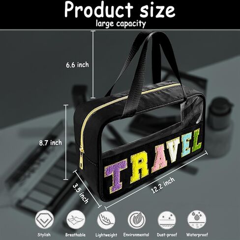 Chenille Letter Clear Makeup Bag Hair Patch, Travel Toiletry Makeup Bag with Handle, Nylon Waterproof Makeup Bags clear cosmetic bag, preppy patch makeup bag for Women (HAIR-Beige) in Saudi Arabia